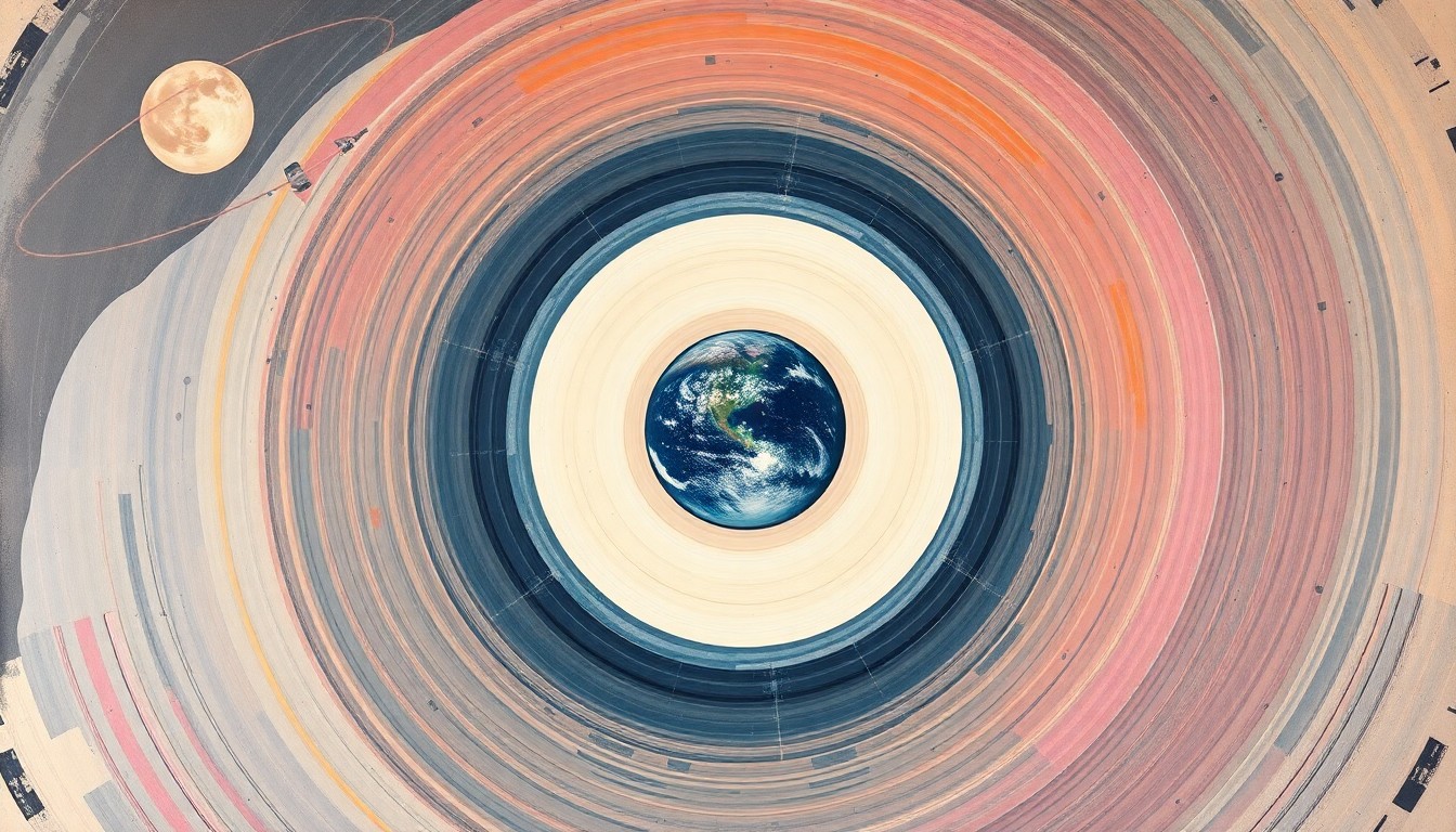 A highly structured abstract painting in soft blues, greens, and oranges, featuring sweeping geometric arcs, concentric circles, and precise spirals, conceptually representing the complex forces and concepts behind the Artemis II mission's safe return to Earth.