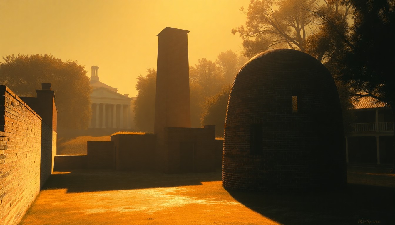 A serene, photorealistic painting depicting an old brick kiln structure in the foreground, its aged bricks and mortar glowing in the warm, angled sunlight, with the iconic architecture of Monticello visible in the background, conveying a sense of timeless history and craftsmanship.