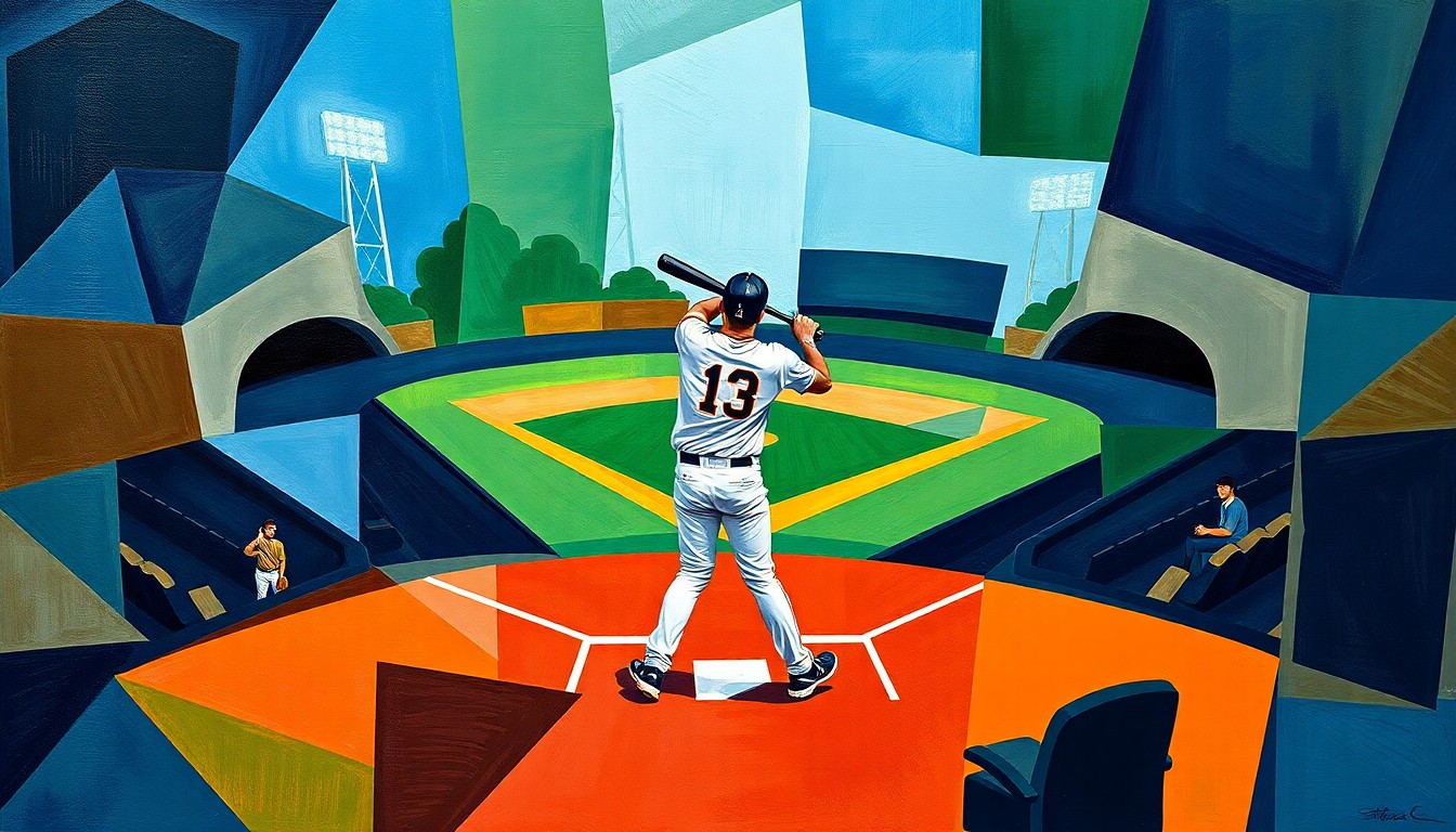 A fractured, geometric painting depicting a baseball player at the plate, with the pitcher's mound and stadium seating deconstructed into sharp, overlapping planes of navy, green, and orange.