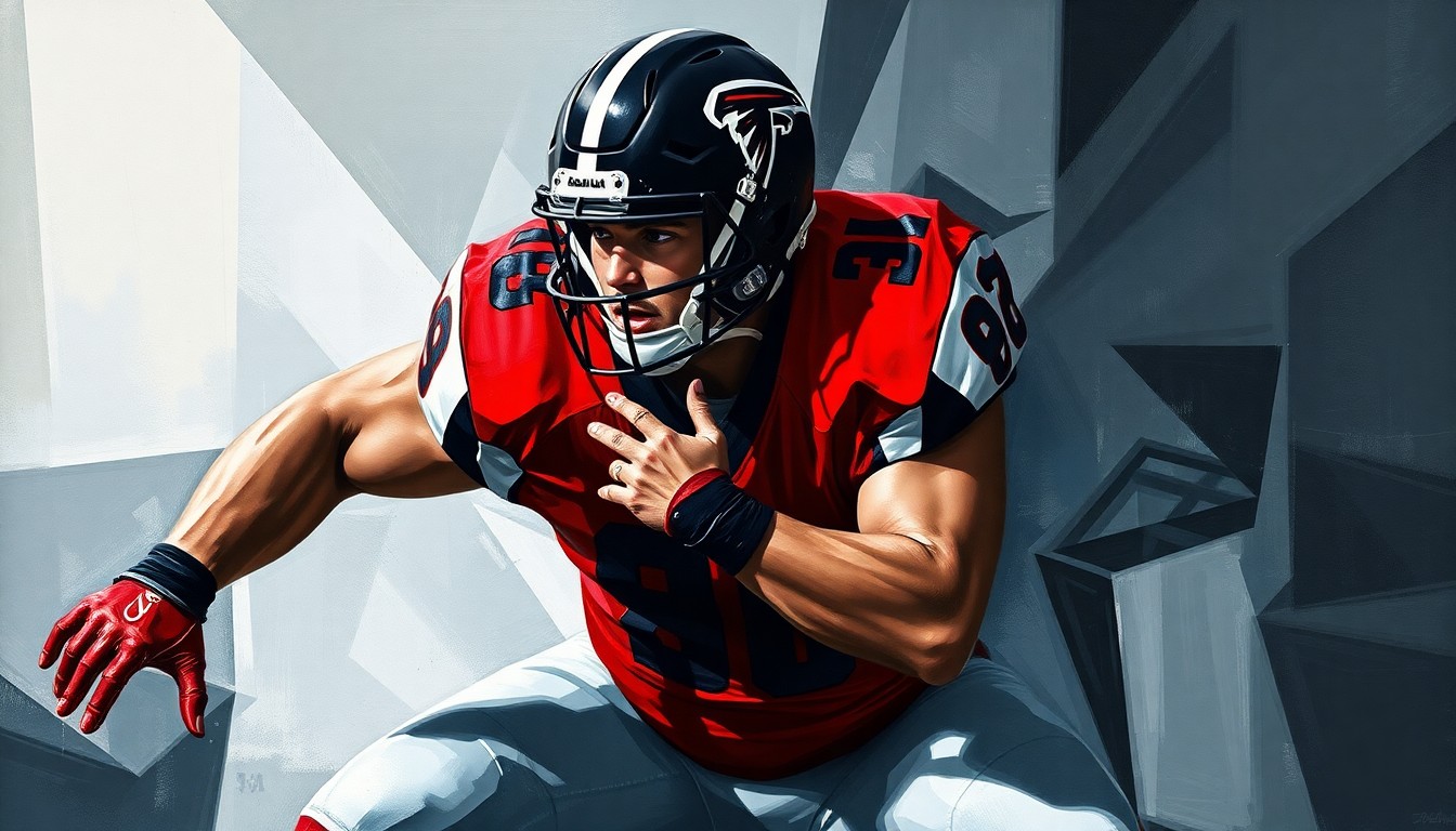 A fragmented, geometric painting depicting an offensive lineman in pass protection, with sharp planes of red, black, and white overlapping to create a dynamic, abstract composition.