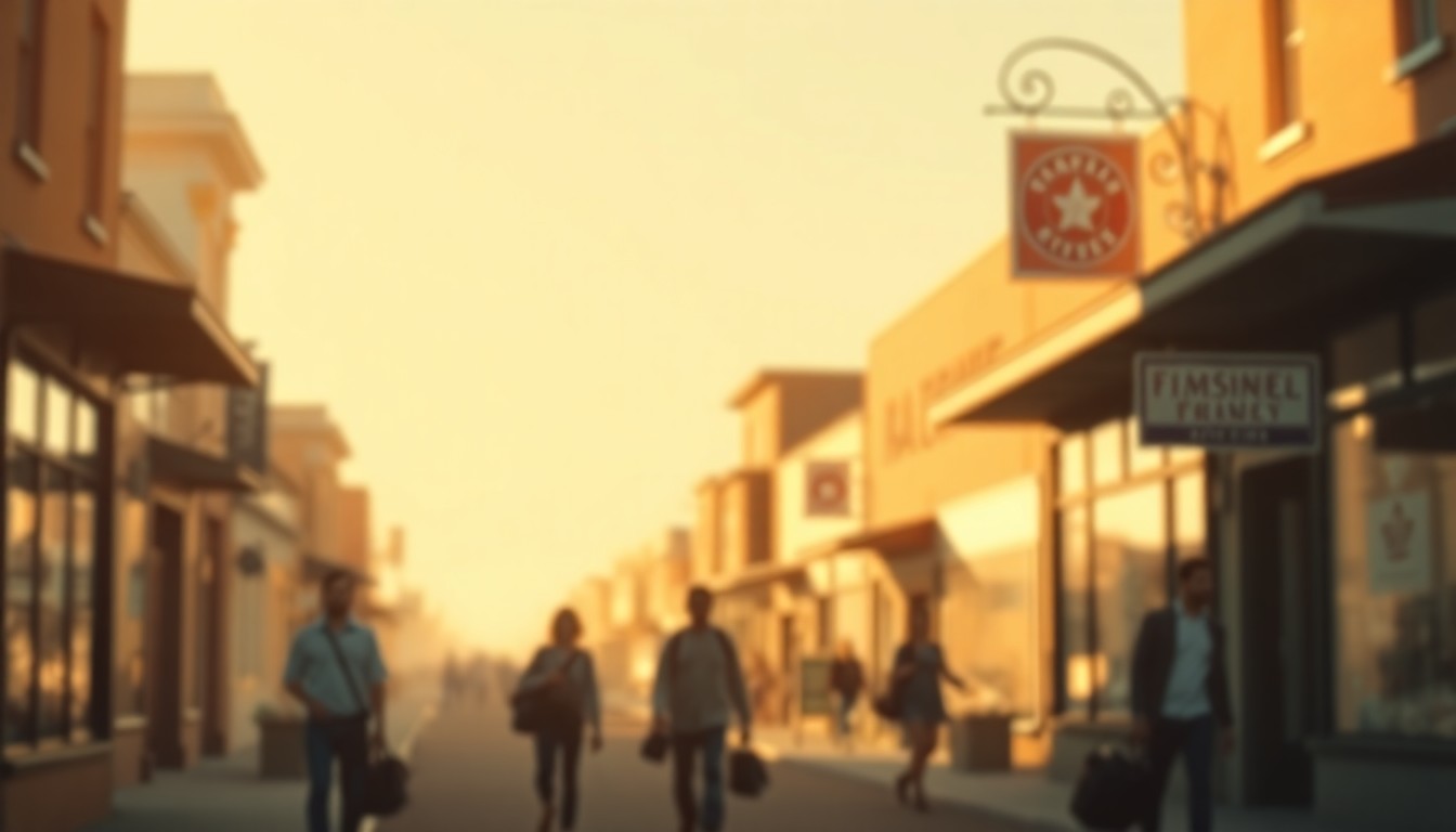 An abstract, impressionistic photograph in soft, hazy tones depicting the blurred outlines of people and buildings on a small-town main street, conveying a sense of community and nostalgia.
