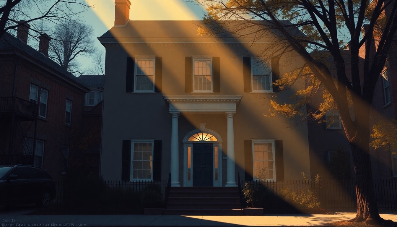 A photorealistic painting of the exterior of Gracie Mansion, New York City's mayoral residence, depicted in a warm, cinematic style with diagonal sunlight and deep shadows, conveying a sense of quiet contemplation and the political complexities facing the new mayor.
