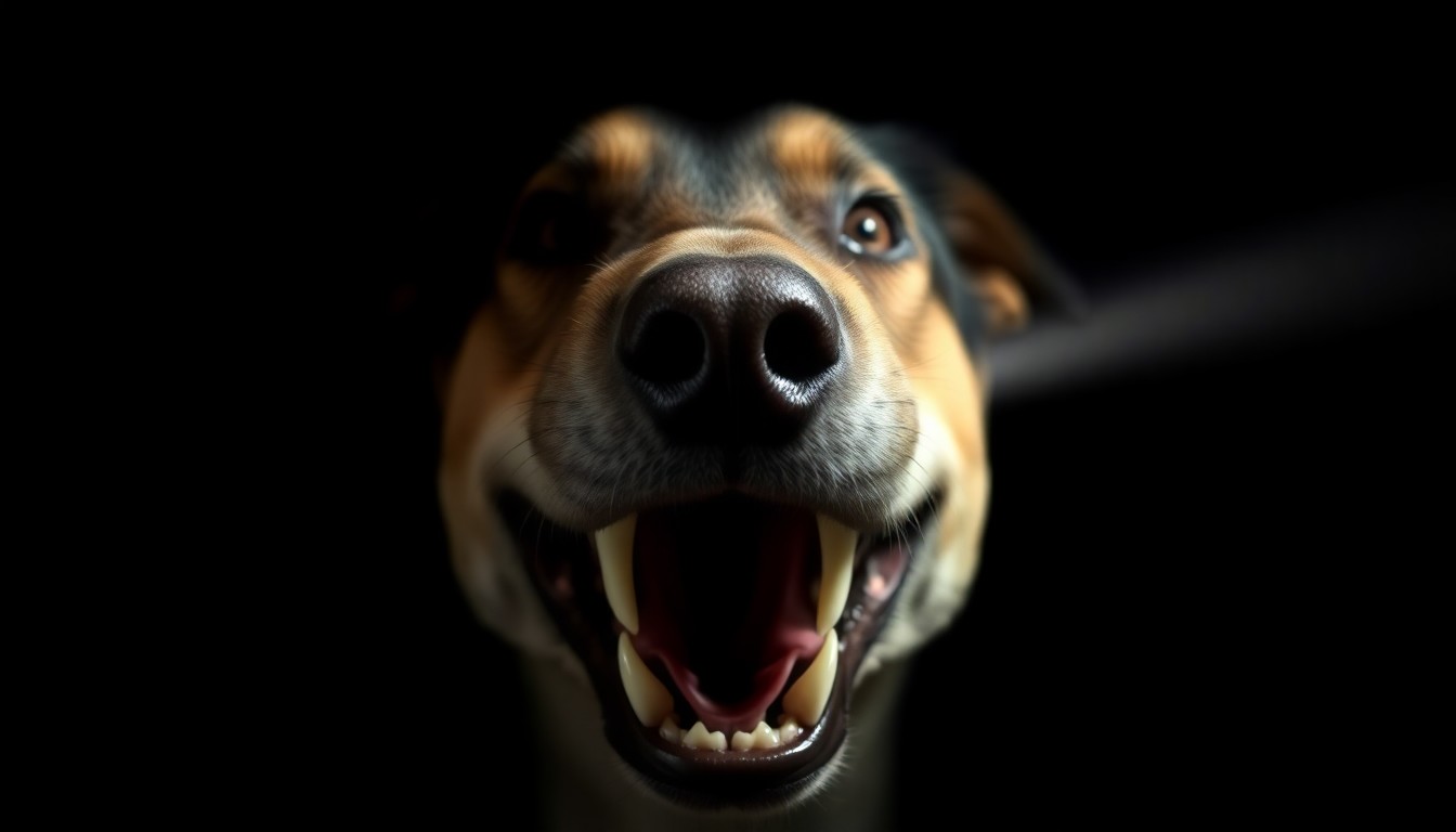 An extreme close-up of a snarling dog's mouth, teeth bared, in stark black and white lighting, conveying the intensity and danger of the attack.