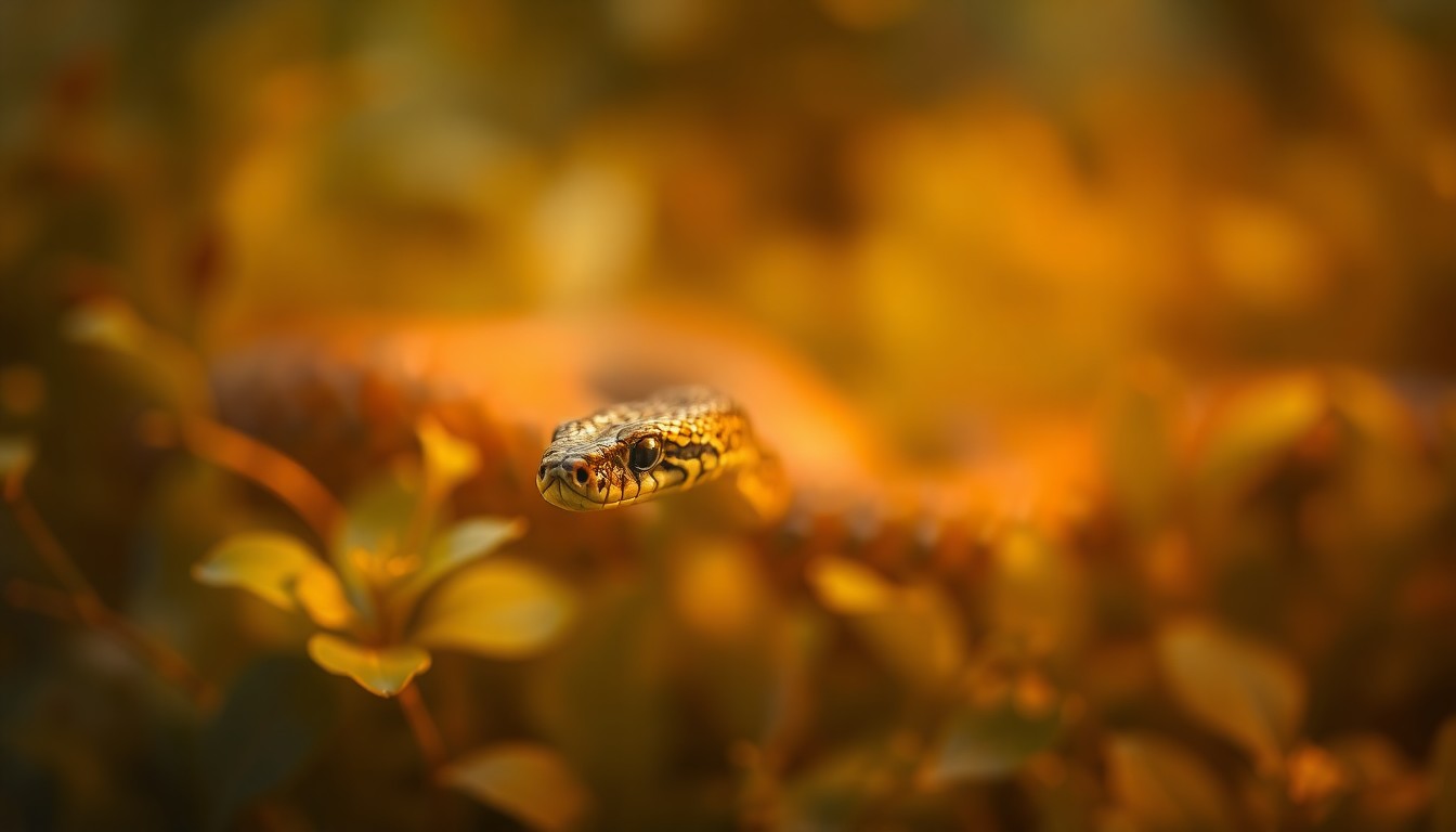 An impressionistic, out-of-focus photograph showing the silhouette of a snake moving through a blurred, colorful scene of vegetation, conveying the natural energy of springtime wildlife.