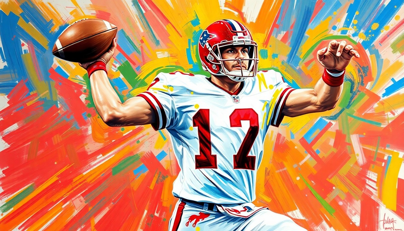 An abstract painting with rapid, neon-colored brushstrokes that convey the powerful motion and energy of a quarterback throwing a football, conceptually representing the legacy of Browning Nagle.