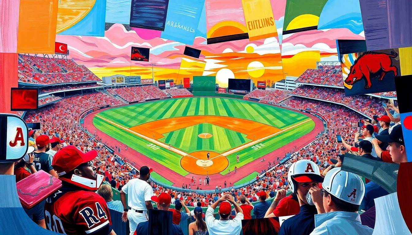 A fractured, geometric painting in vibrant colors representing the intense action and momentum shifts of a college baseball game between the Arkansas Razorbacks and Alabama Crimson Tide.