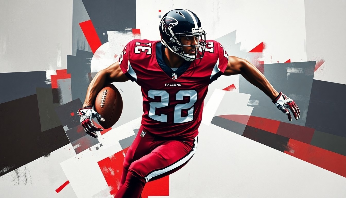 A fractured, cubist-style painting depicting a football player in motion, broken down into sharp, overlapping geometric shapes in the Falcons' team colors of red, black, and white, conceptually representing the multifaceted talent and importance of Bijan Robinson to the Atlanta franchise.