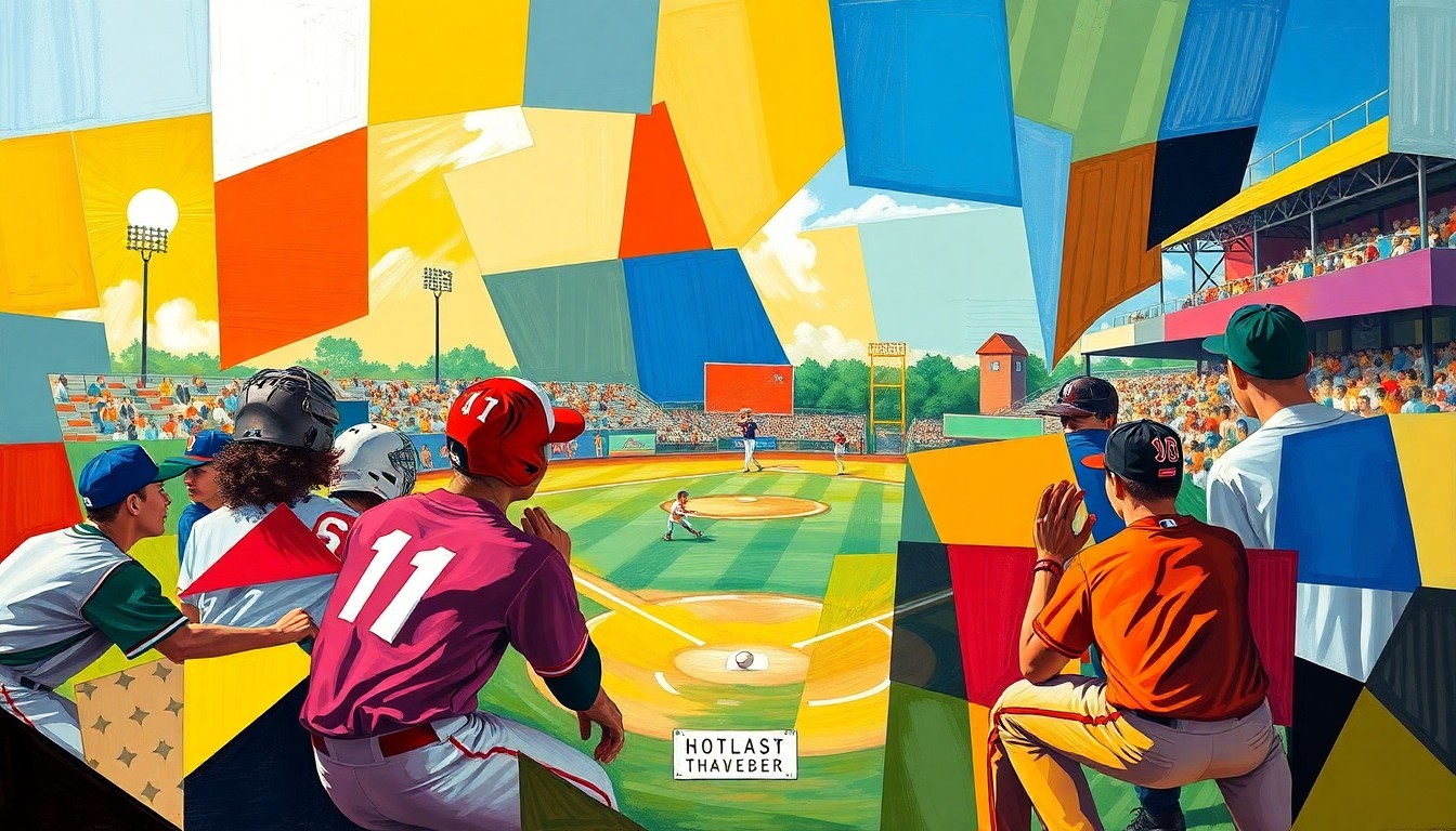 A cubist, geometric painting depicting a high school baseball game, with sharp, overlapping planes of color representing the players and action on the field.
