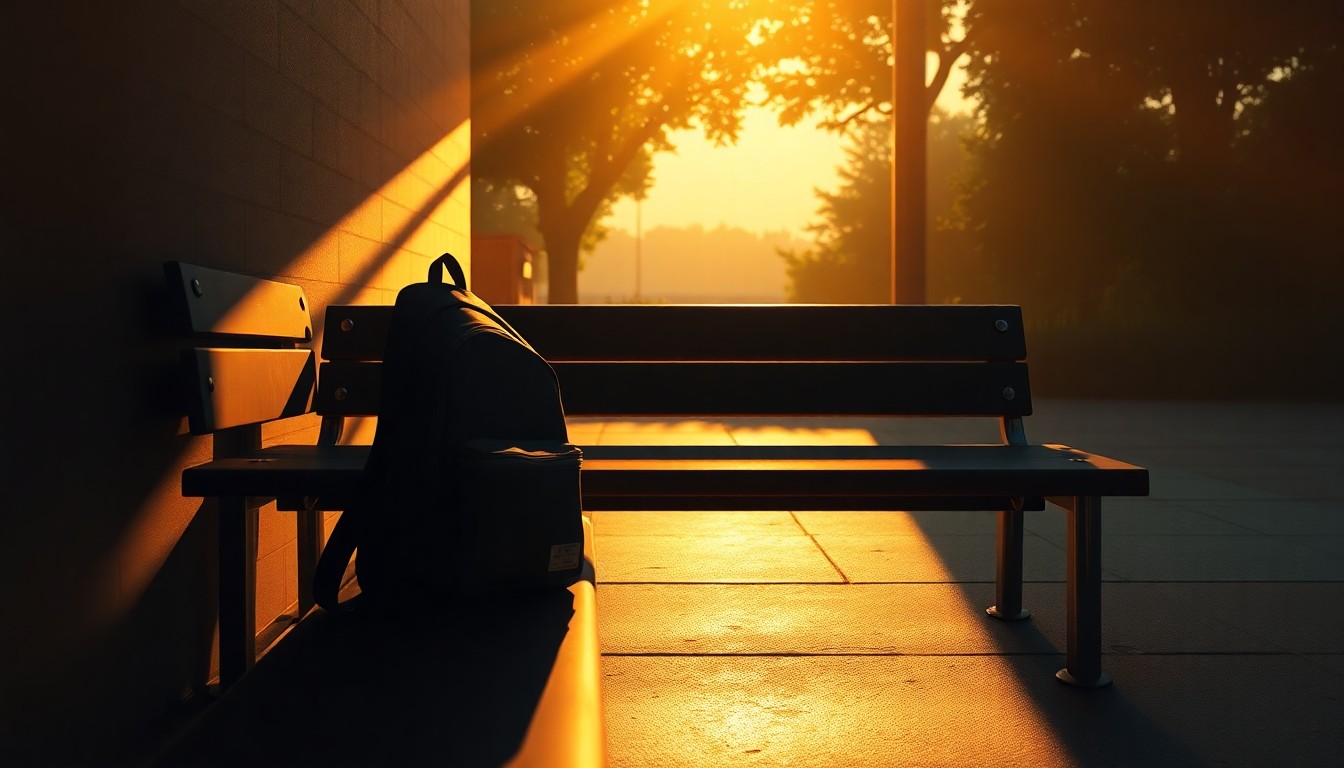 A photorealistic painting of a solitary child's backpack left alone on a wooden school bench, the bag's vibrant colors muted by the warm, golden light and deep shadows that envelop the scene, creating a palpable sense of absence and melancholy.