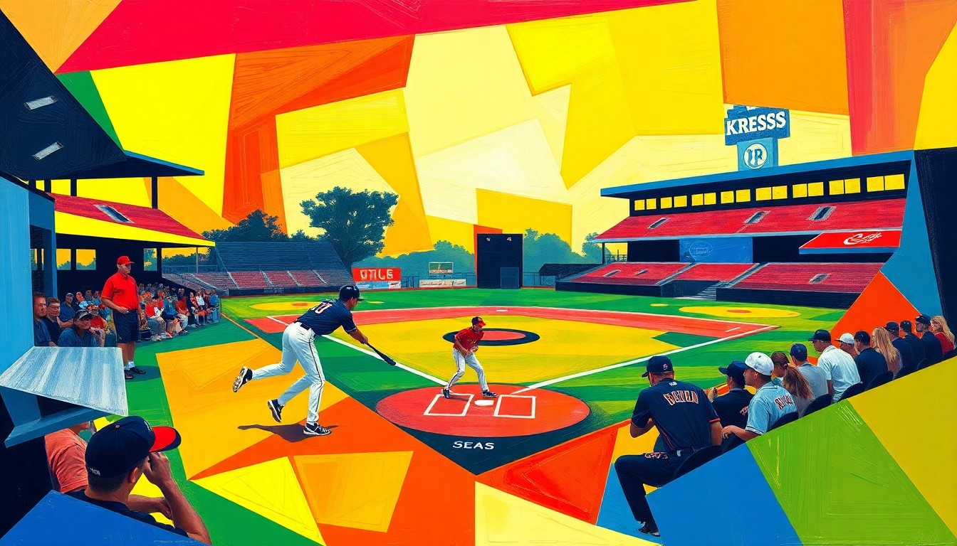 A fractured, geometric painting in bold colors representing a high school baseball or softball game, with players and the field broken down into sharp, overlapping planes.