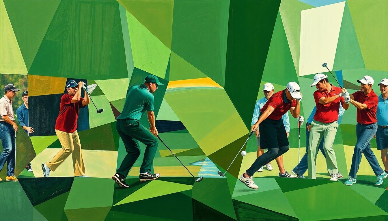 A cubist, geometric painting depicting a golf tournament or match, with abstracted, angular forms representing the players in a palette of greens, browns, and blues.