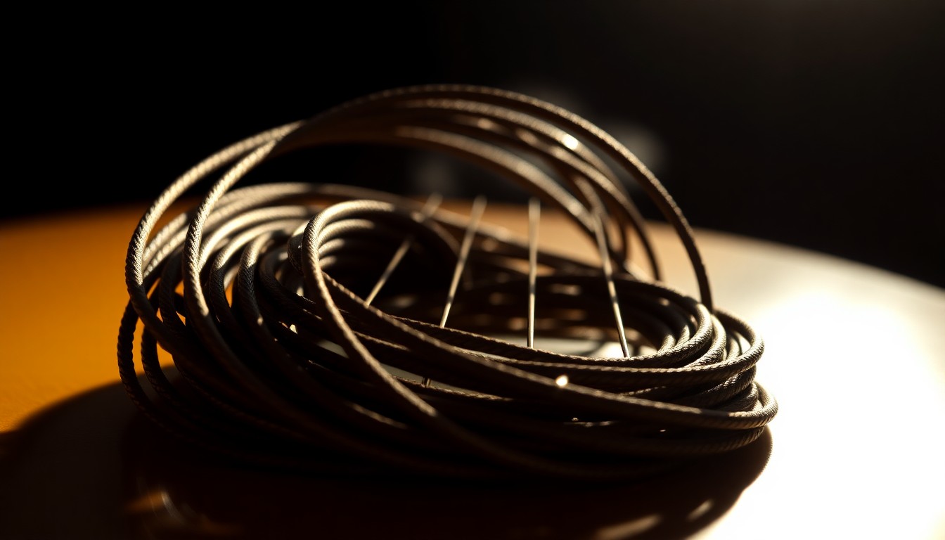 An abstract close-up photograph of tightly coiled, metallic guitar strings in dramatic, high-contrast lighting, creating a luxurious, high-fashion aesthetic through the use of texture and light.