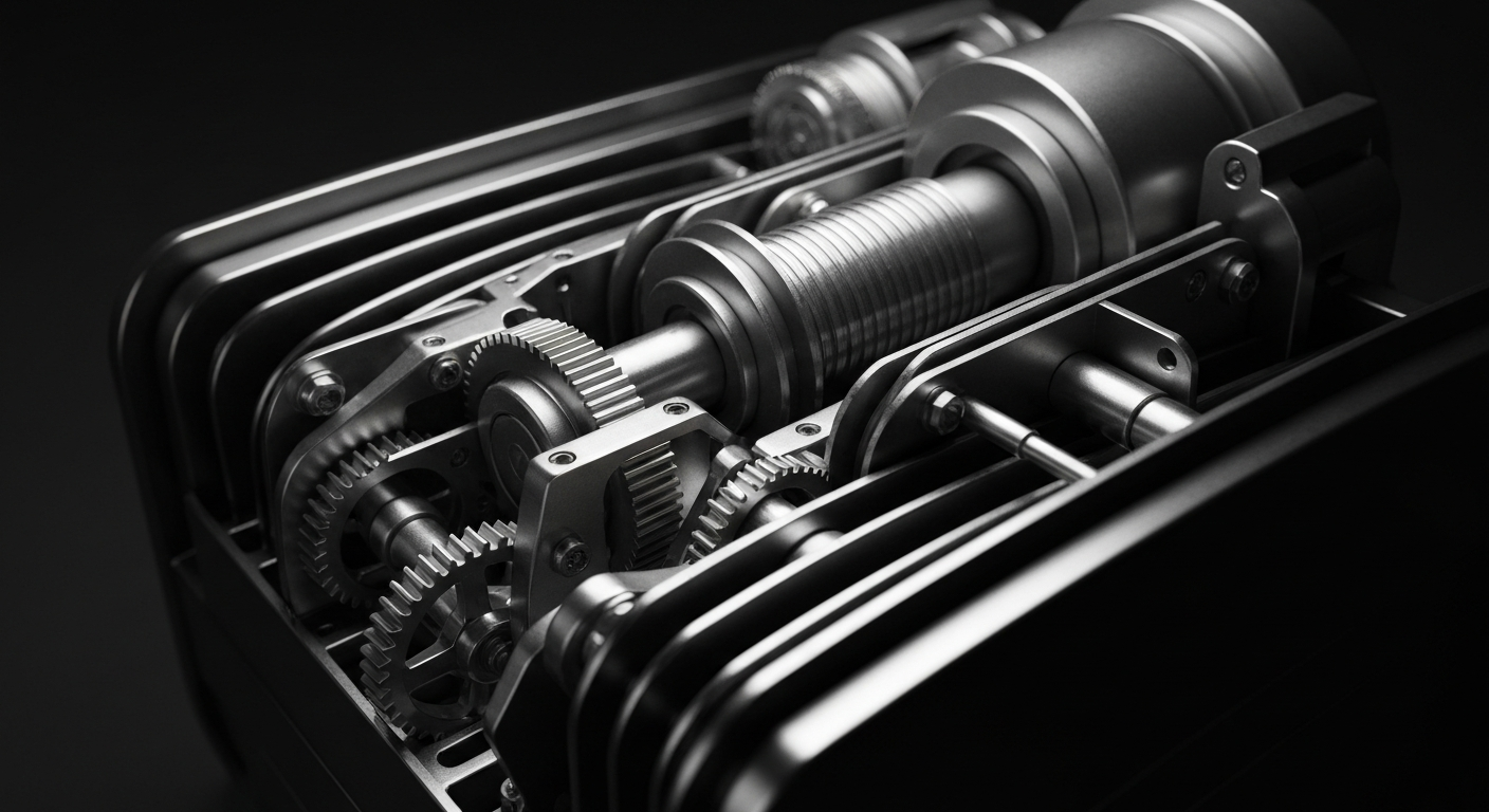 An extreme close-up of the inner workings of a Mega Millions lottery machine, with its metal components and gears dramatically lit against a dark background, conceptually representing the complex financial infrastructure behind the lottery.