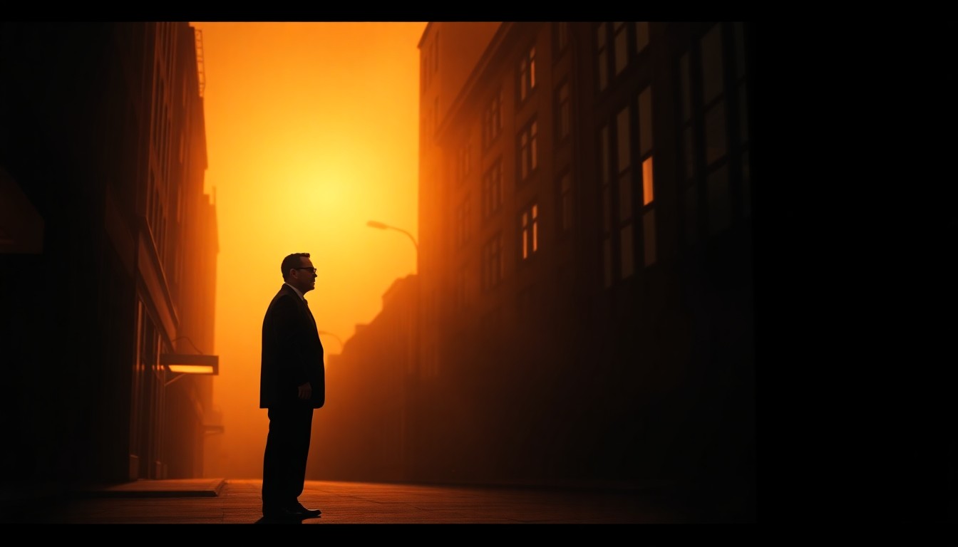 A solitary figure, likely a politician, standing alone in a dimly lit urban setting, with warm, diagonal sunlight and deep shadows creating a contemplative, cinematic mood.