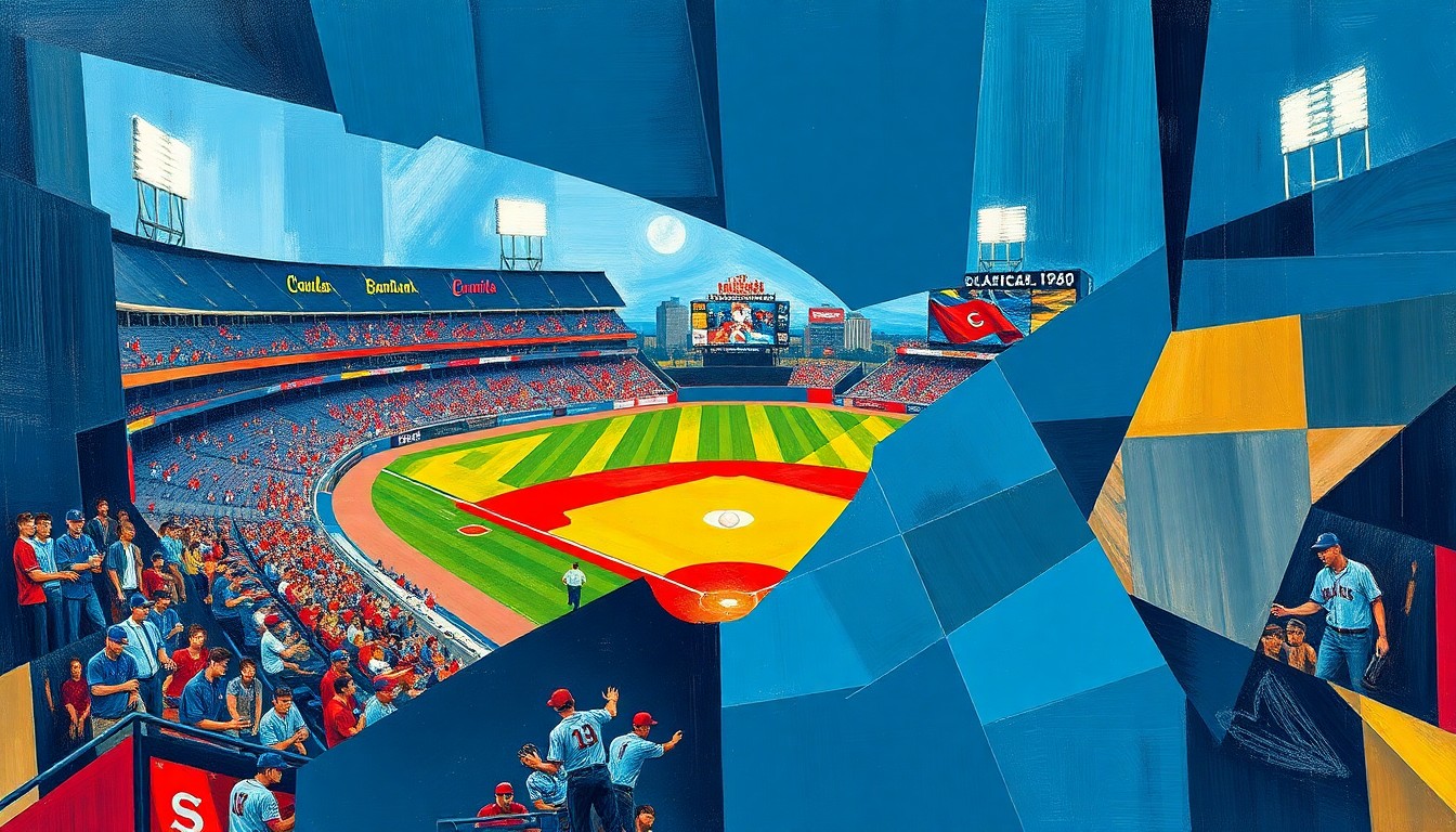 A cubist, geometric painting depicting the dynamic action of a college baseball game, with overlapping planes of navy, crimson, and gold conveying the intensity and energy of the contest.