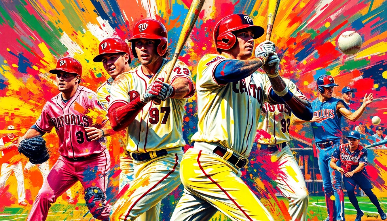 An abstract expressionist painting in vibrant neon colors, capturing the frenetic energy of a baseball player bunting the ball, with the player's form dissolving into a blur of brushstrokes.
