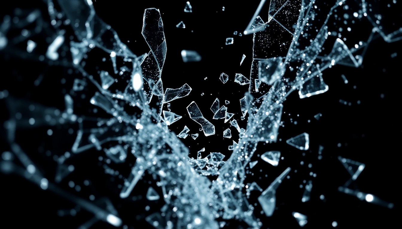 An extreme close-up photograph of shattered glass and glittering shards, capturing the violent aftermath of a celebrity dispute in a high-contrast, abstract, and glamorous style.