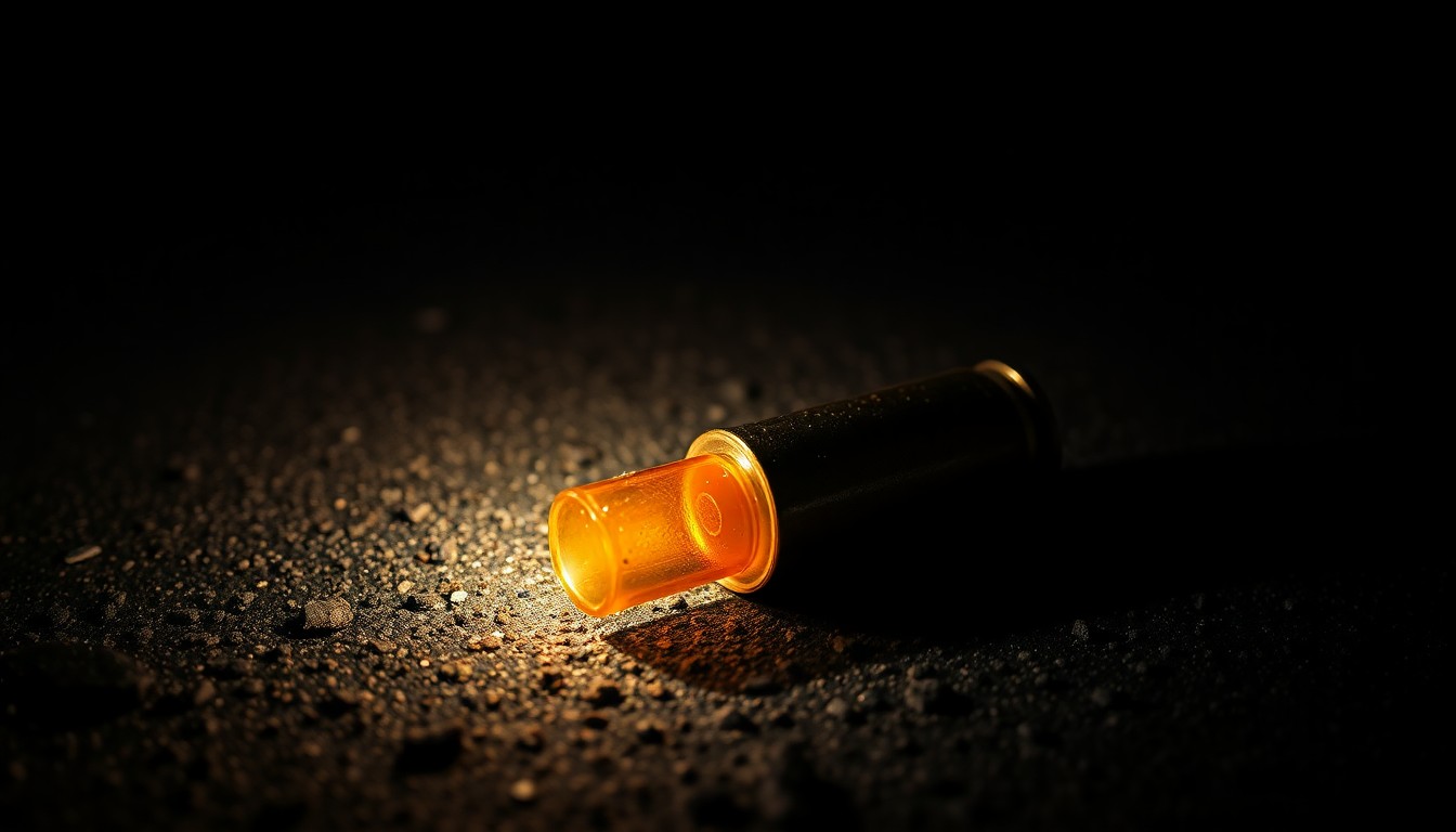 An extreme close-up photograph of a spent shell casing on a dark asphalt surface, conveying the gritty, investigative nature of the interstate shooting case.