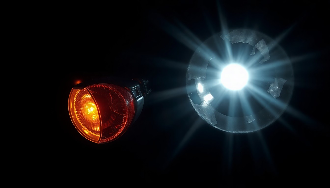 An extreme close-up photograph of a damaged motorcycle part, such as a broken mirror or turn signal, lit by a harsh, direct camera flash against a pitch-black background, conceptually illustrating the aftermath of a hit-and-run incident.