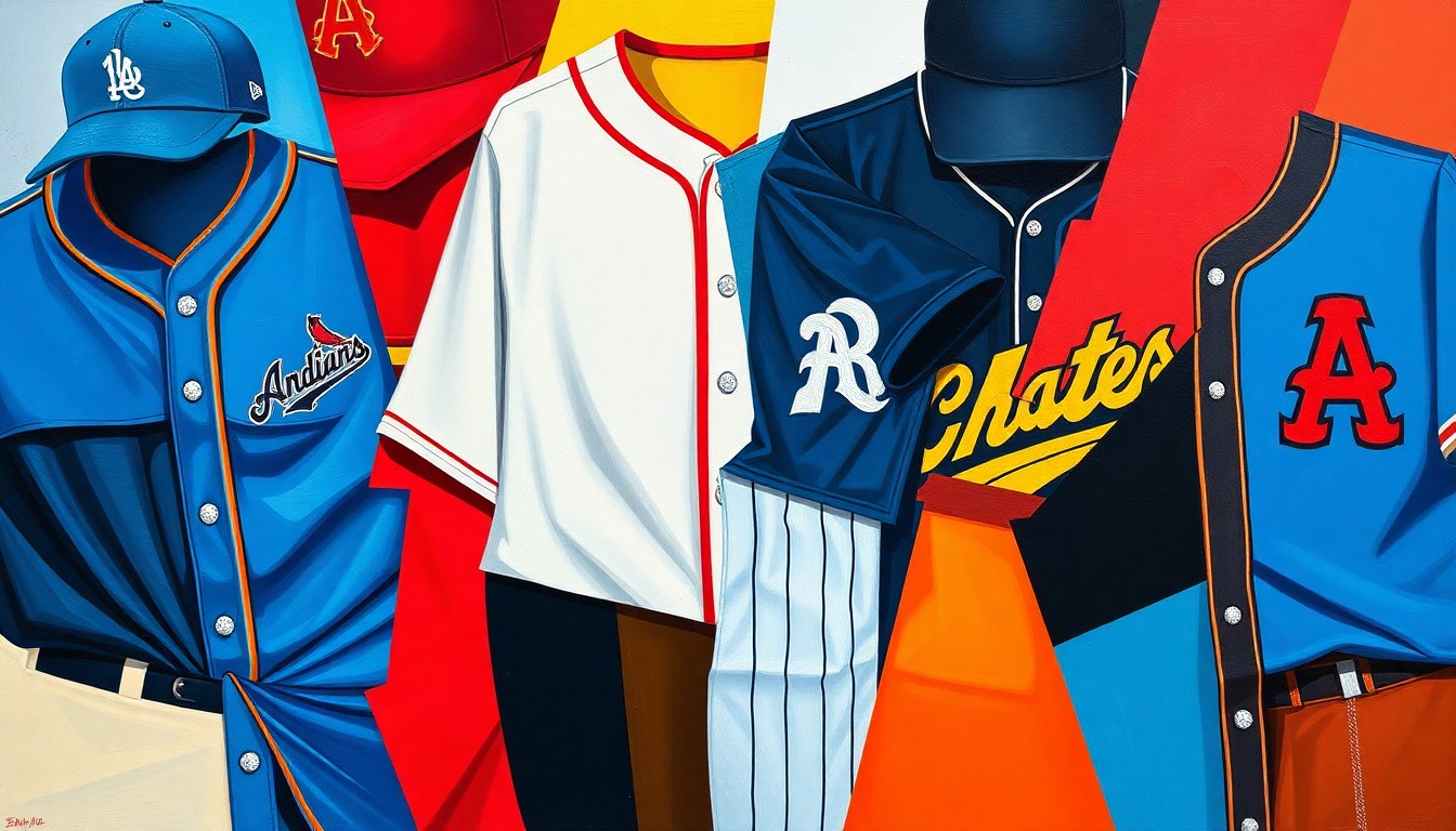 A cubist-style painting featuring fragmented, overlapping geometric shapes in various team colors like powder blue, red, black, and gold, representing the abstract forms of different MLB City Connect uniforms.