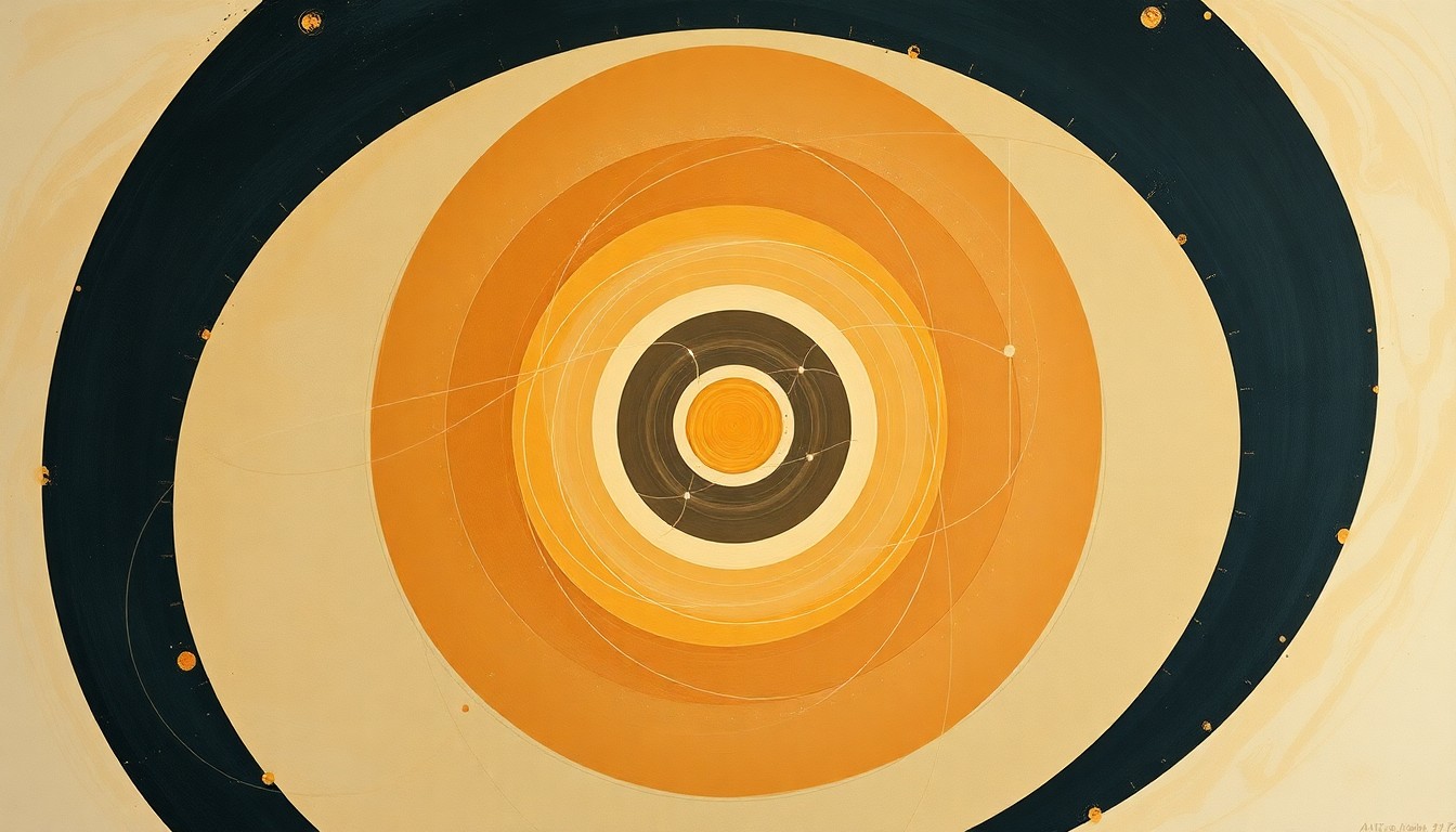 A bold, abstract painting featuring sweeping geometric arcs, concentric circles, and precise spirals in earthy tones, conceptually representing the complex forces and concepts of the Artemis II mission.