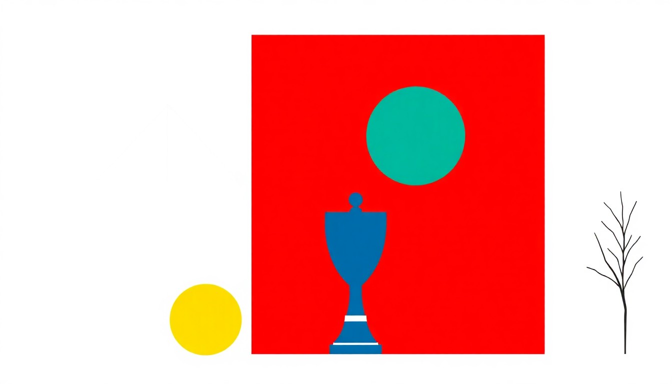 A minimalist, abstract illustration using bold shapes and primary colors to represent the economic and environmental tensions surrounding Bolton's Ryder Cup bid, without any text or identifiable elements.