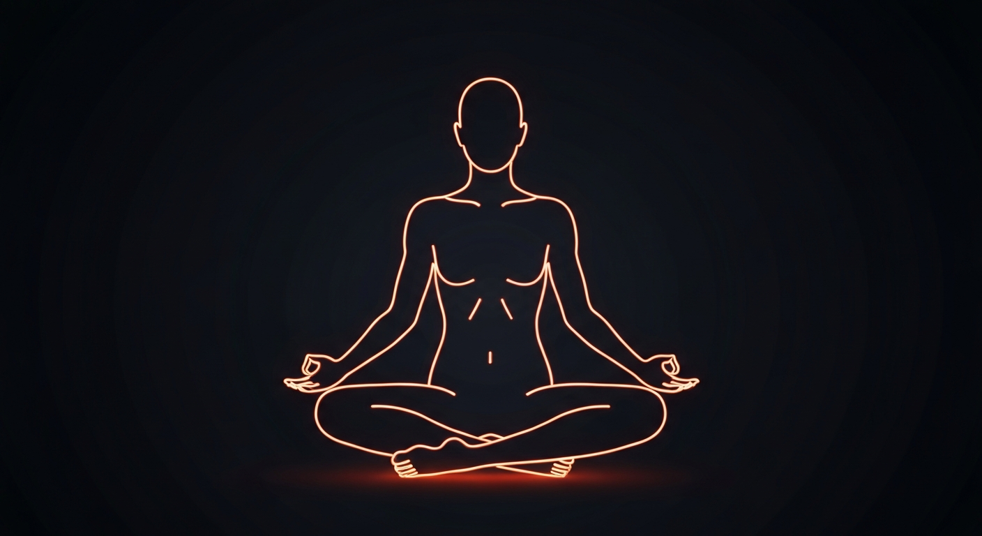 An extreme close-up of a glowing, neon human figure in a meditative pose, conceptually representing the holistic and wellness-focused aspects of healthcare.