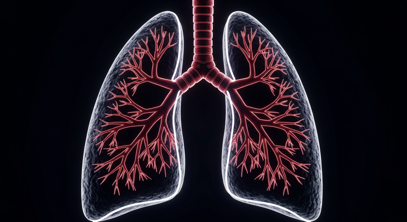 A minimalist design in the style of Keith Haring, where the outline of a human lung is defined entirely by glowing, vibrant neon lines against a deep, dark background, emphasizing the shape and energy of the organ affected by cystic fibrosis.