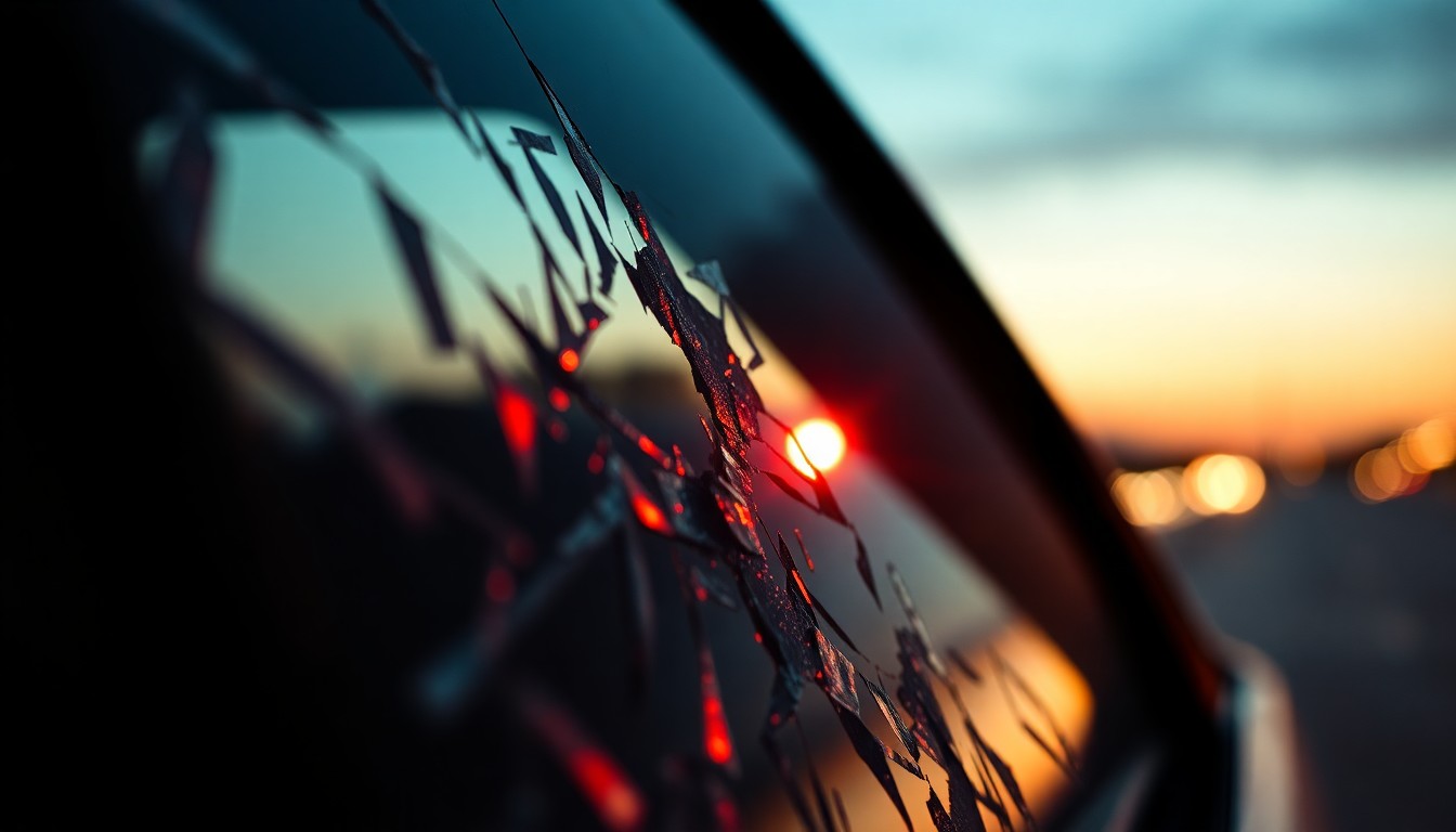 An extreme close-up photograph of a shattered car window reflecting a faint red light, conceptually illustrating the aftermath of a violent confrontation.
