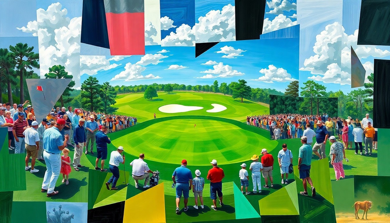 A cubist, geometric painting depicting the Masters Par 3 Contest, with overlapping planes of golfers, families, and the Augusta National landscape, capturing the event's intergenerational appeal and celebratory atmosphere.