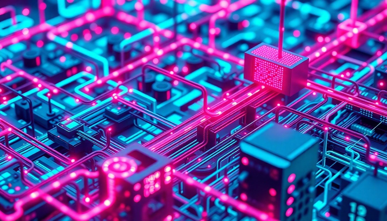 A highly detailed, glowing 3D illustration of a complex network of interconnected servers, cables, and data centers, illuminated by neon cyan and magenta lights, conceptually representing the intricate technology behind the app store ecosystem.