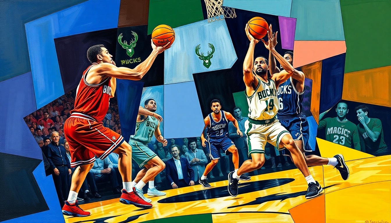 A cubist, geometric painting depicting a basketball game, with the players and ball rendered in overlapping, fragmented shapes and planes of vibrant colors representing the Bucks and Magic uniforms.