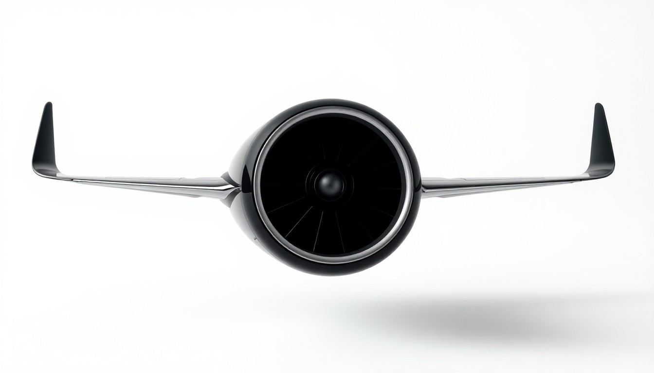 A photorealistic studio still life photograph featuring a sleek, black private jet engine component floating on a clean, white background, symbolizing the luxury and power behind Starbucks' decision to grant its CEO unlimited access to the company's private jet.