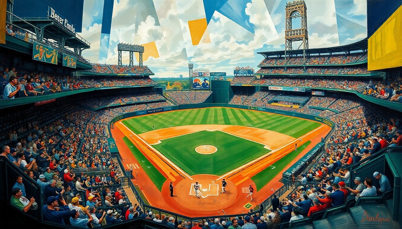 A fragmented, geometric painting depicting a baseball game in motion, with players and the field broken down into sharp, overlapping shapes and planes of color.