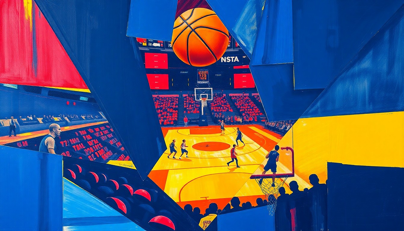 A fractured, cubist-style painting depicting the dynamic movements and energy of a WNBA basketball game, with sharp geometric shapes and planes in navy, red, and yellow representing the competitive action on the court.