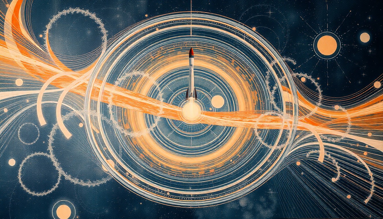 A bold, highly structured abstract painting in soft, flat colors featuring sweeping geometric arcs, concentric planetary circles, and precise botanical spirals, conceptually representing the complex scientific forces behind the SpaceX rocket launch that created the stunning 'jellyfish' effect in the Florida sky.