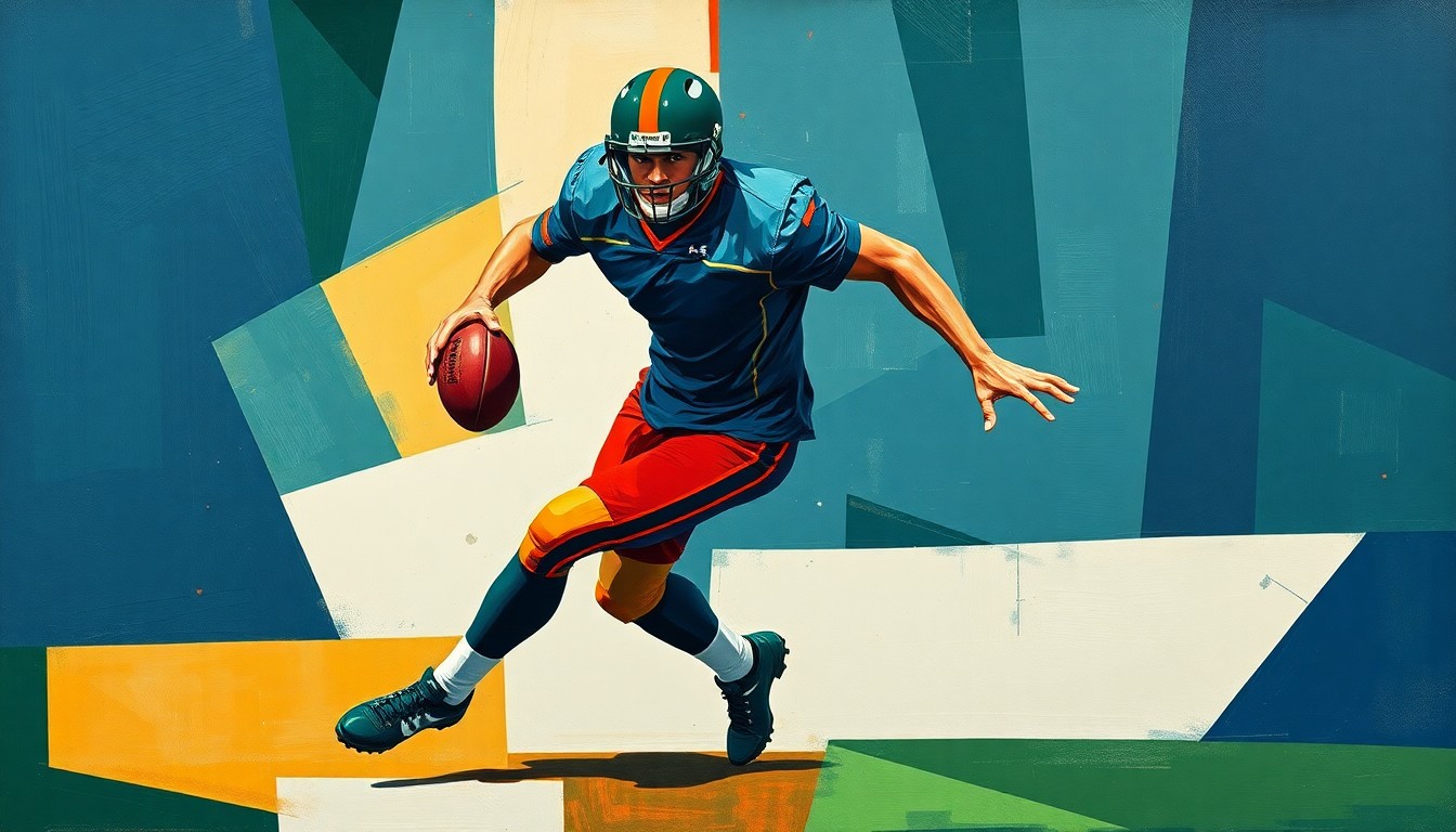 A cubist-style painting depicting a football player in motion, with their body broken down into sharp, overlapping geometric shapes in navy, green, and orange, conveying the dynamic nature of the sport.