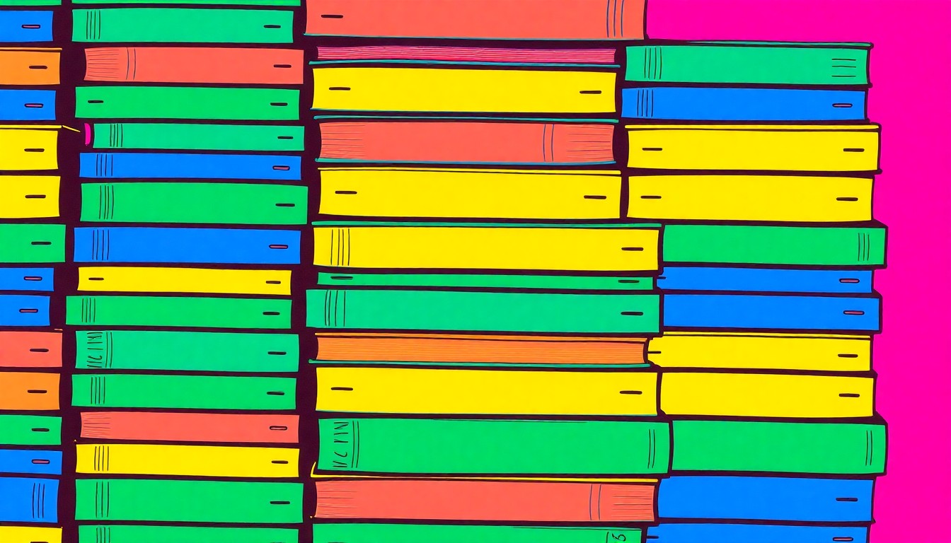 A vibrant, abstract silkscreen print of a stack of books in bold, neon colors, conceptually representing the enduring importance of liberal arts education in the age of AI.