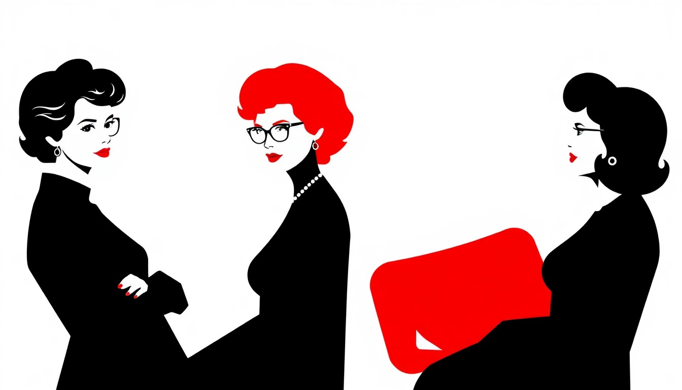 A bold, abstract illustration featuring four distinct silhouettes in stark black and white, representing the four main characters from 'The Golden Girls' in a minimalist, Saul Bass-inspired style.
