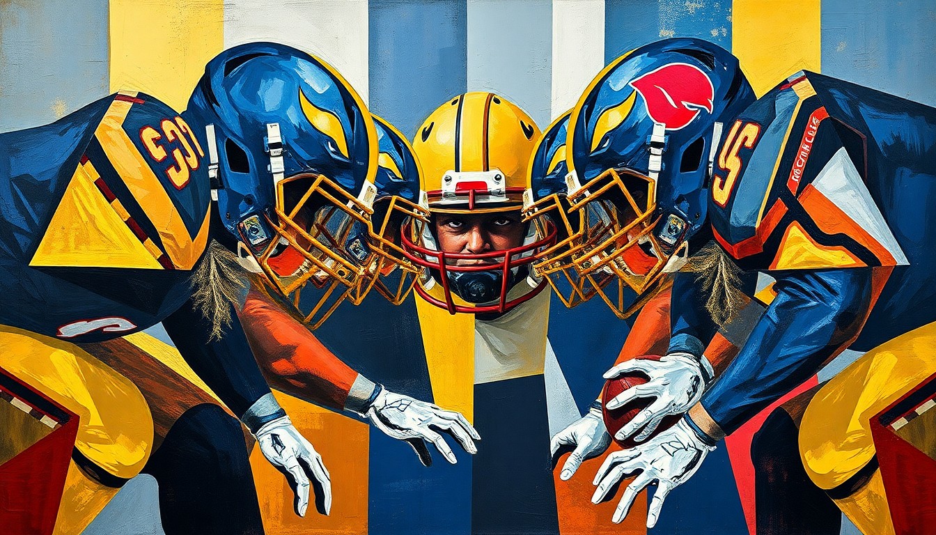 A fragmented, geometric painting depicting the overlapping forms and planes of a college football defensive line, rendered in a cubist style using navy, gold, and crimson colors to capture the raw power and energy of the sport.