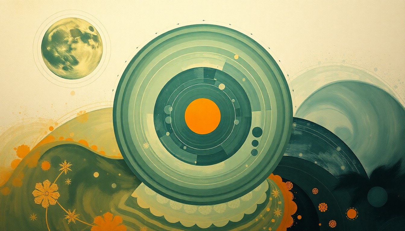 A highly structured abstract painting in soft, earthy tones of green, blue, and orange, featuring sweeping geometric arcs, concentric planetary circles, and precise botanical spirals, conceptually representing the powerful forces and complex concepts behind the Artemis II mission to the moon.