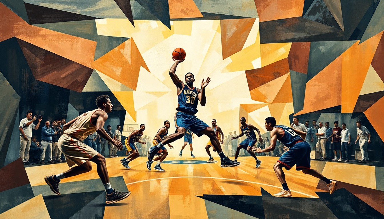 A cubist, geometric painting depicting the abstracted forms of basketball players in motion, with sharp, overlapping planes of color and shape capturing the dynamic energy of the sport.
