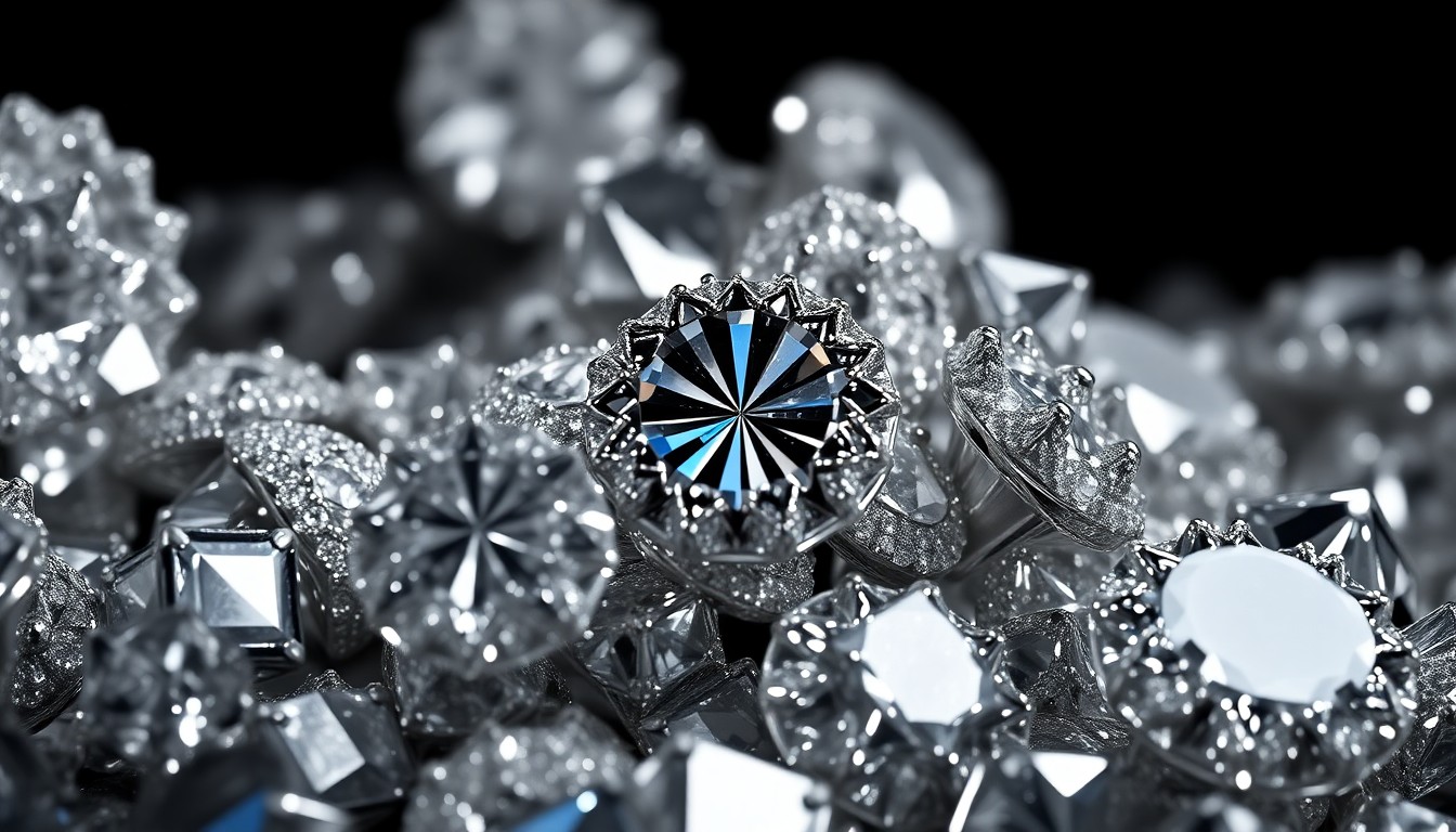 An extreme close-up photograph of sparkling diamond jewelry textures shot in dramatic high-contrast studio lighting, conceptually representing the glamour and luxury of celebrity real estate.