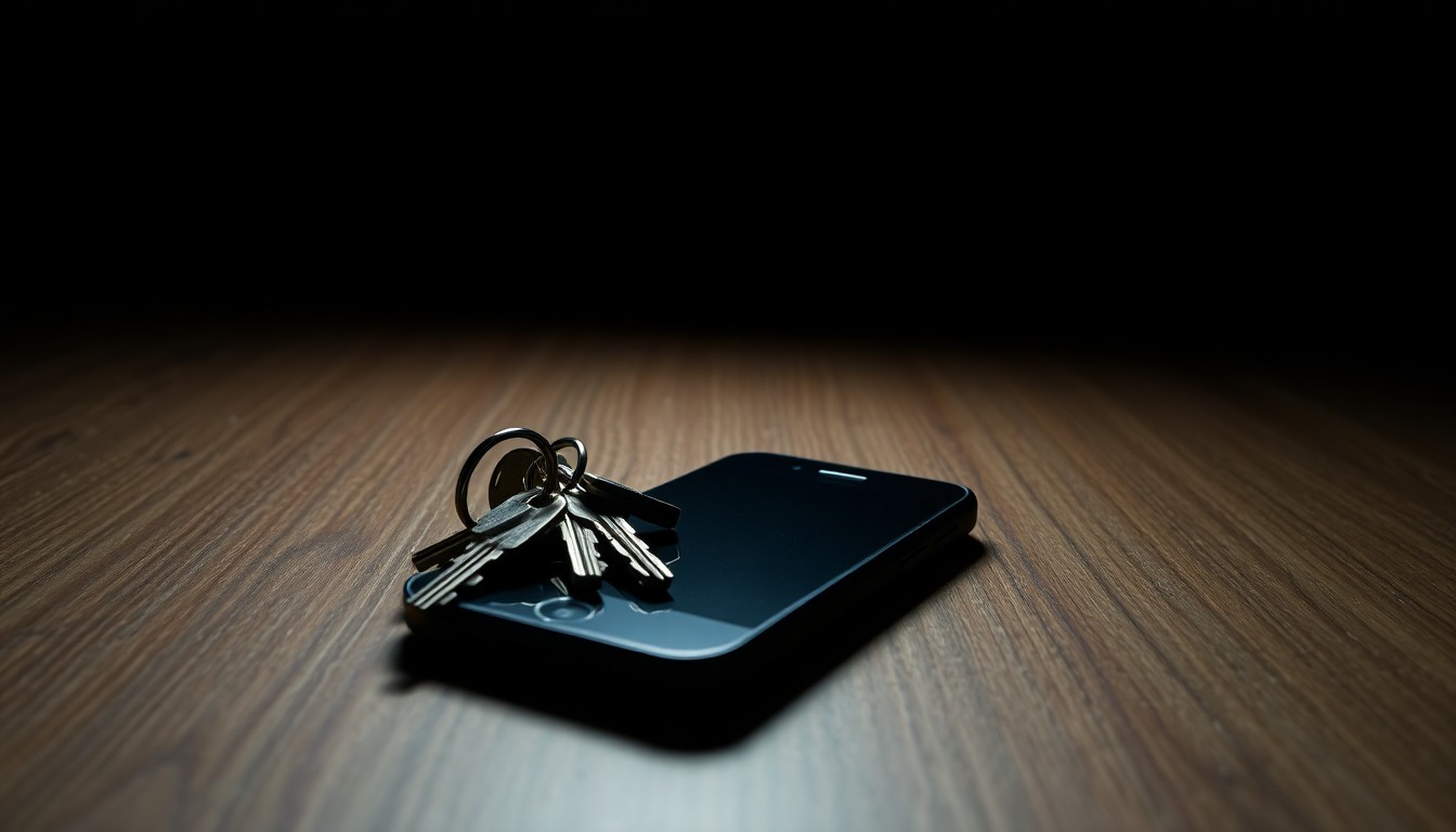 An extreme close-up photograph of a set of keys and a smartphone lying on a wooden table, lit by a harsh, direct camera flash against a pitch-black background, conceptually illustrating the mystery surrounding a local business owner's disappearance.