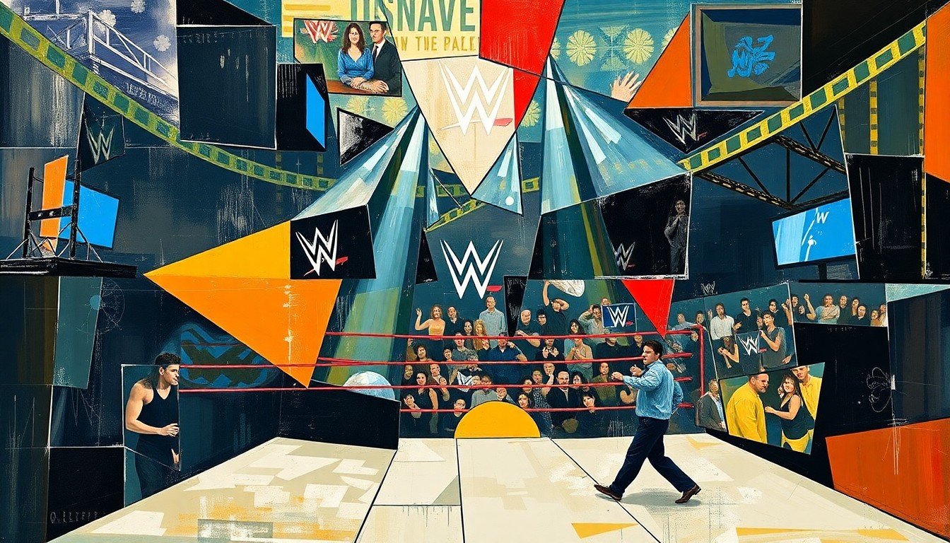 A cubist, geometric painting depicting a chaotic WWE match or event, with sharp, overlapping planes of color and shape representing the intensity and unpredictability of the action.