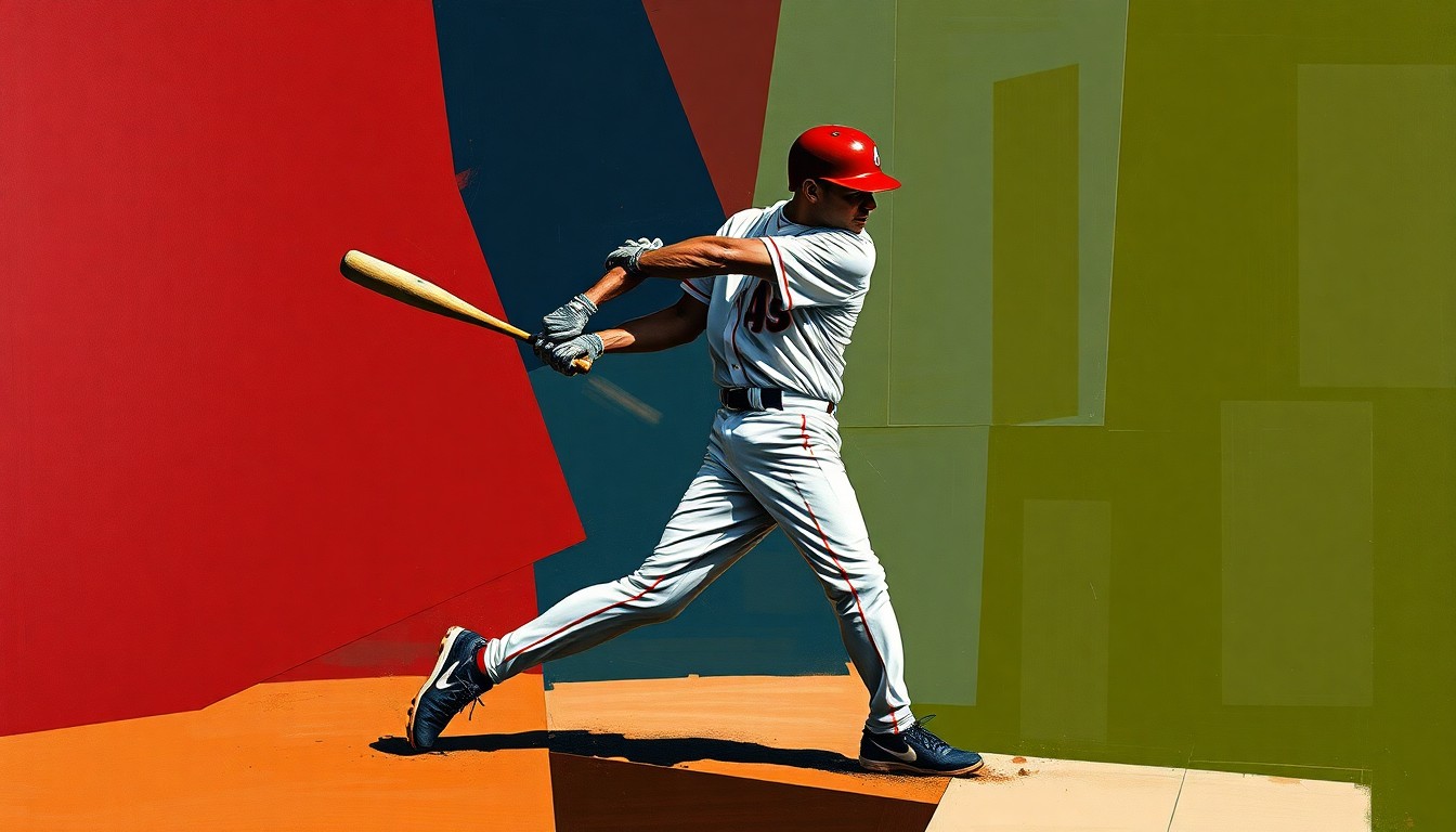 A cubist-style painting depicting a baseball player in mid-action, their body broken down into sharp, overlapping geometric shapes in shades of red, blue, and green, conveying the complex strategy behind the Red Sox's roster decision.