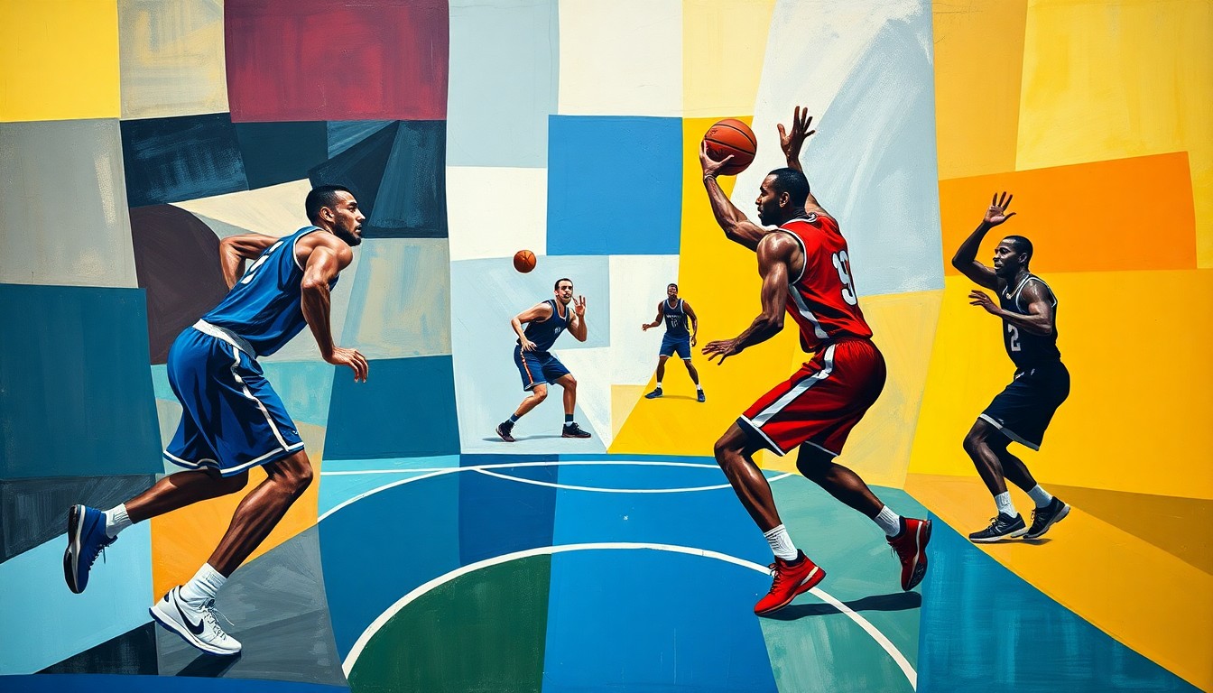 A fragmented, geometric painting depicting a basketball game or match, with the players' forms broken down into abstract shapes and planes of color, reflecting the analytical debate around Jaylen Brown's impact on the Celtics.