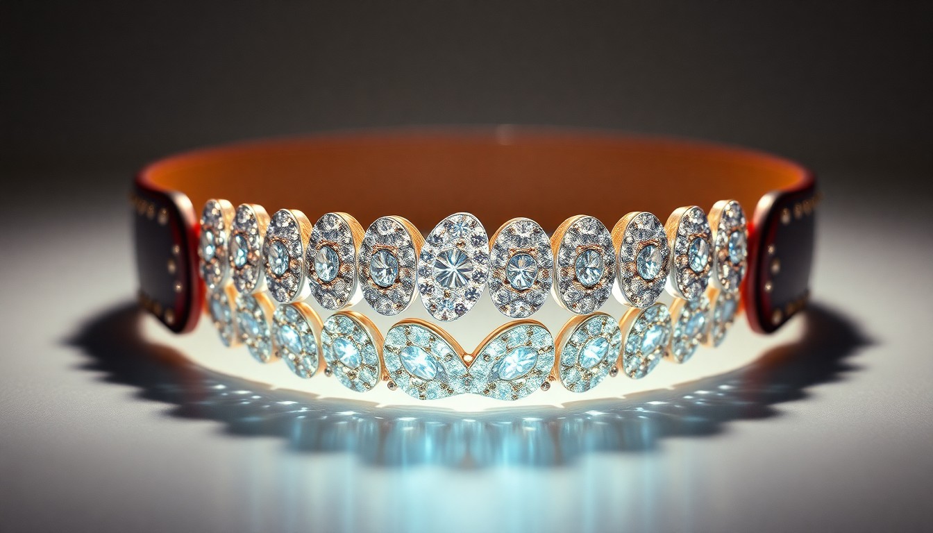 An extreme, abstract macro photograph of a sparkling, high-contrast retainer, capturing the luxurious textures and dramatic lighting to conceptually represent the metaphor of a 'chastity belt' in a celebrity relationship.