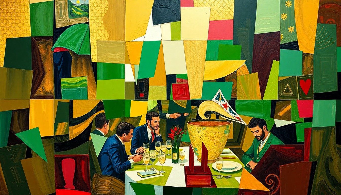 A cubist-style painting depicting the Masters Champions Dinner, with the scene broken down into sharp, overlapping geometric shapes in vibrant shades of green, gold, and red, capturing the energy and camaraderie of the event.