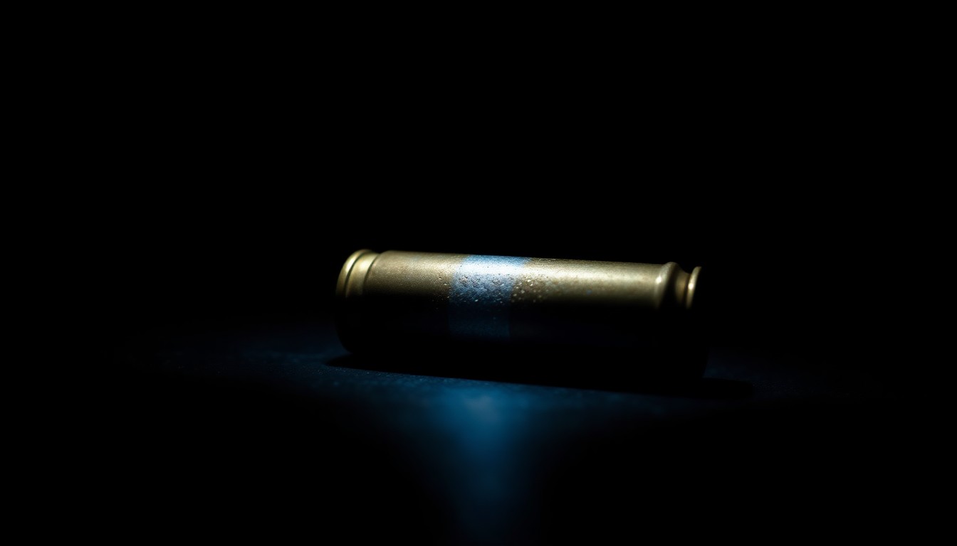 An extreme close-up photograph of a spent rifle shell casing, its metallic surface and grooves dramatically lit to create a stark, gritty, investigative aesthetic without words.